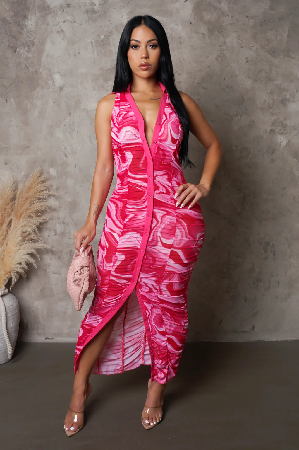 aztec dress pink Rose Pink Aztec print satin button through maxi dress