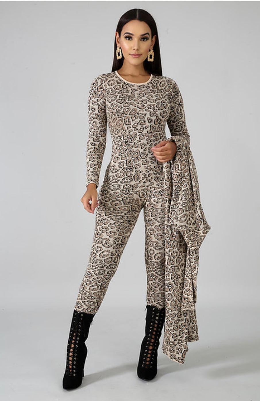 Leopard Jumpsuit Cardigan Set - Rehabcouture