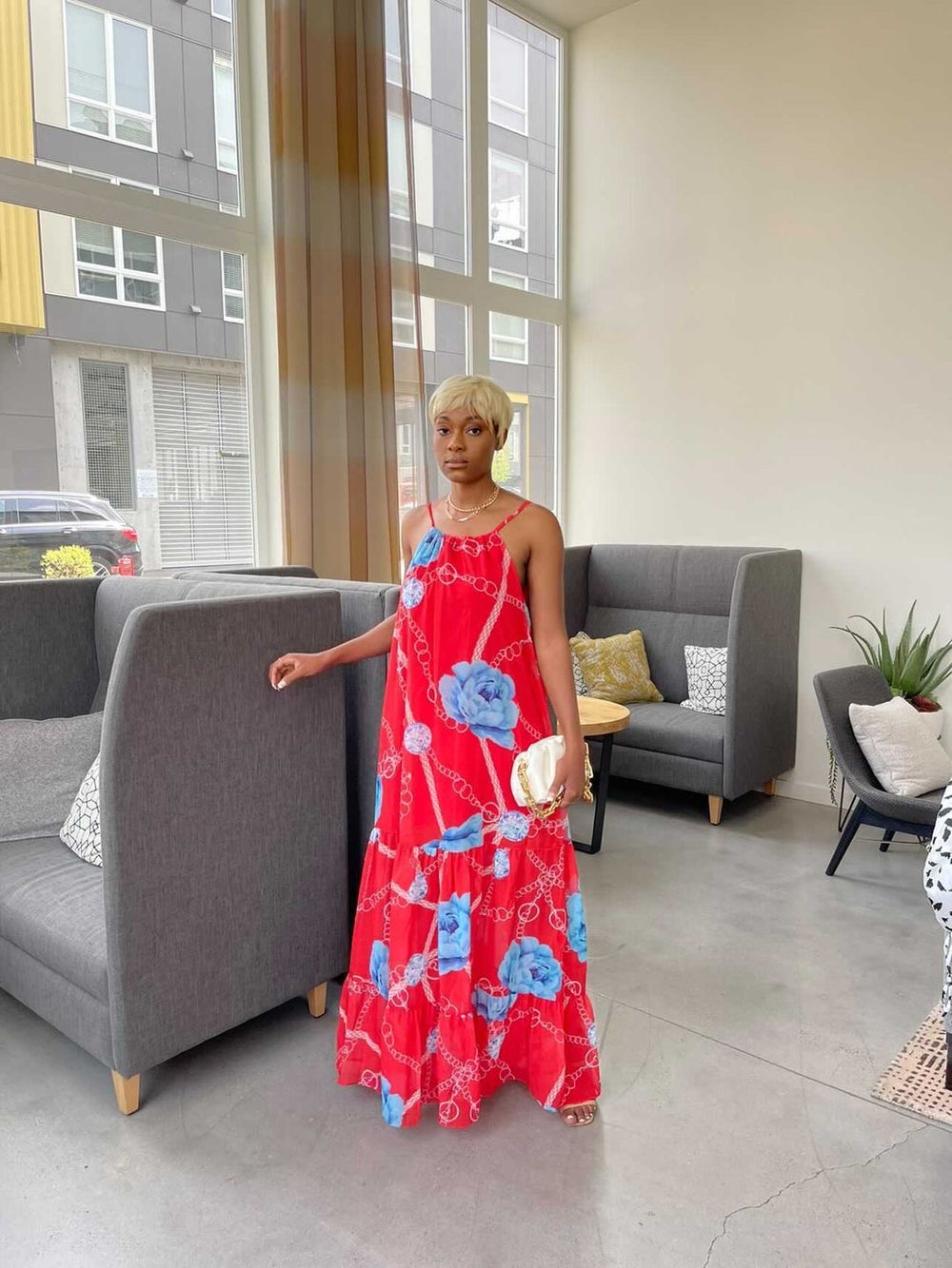 Santorini Vibes Maxi Print Dress || Red - Rehabcouture