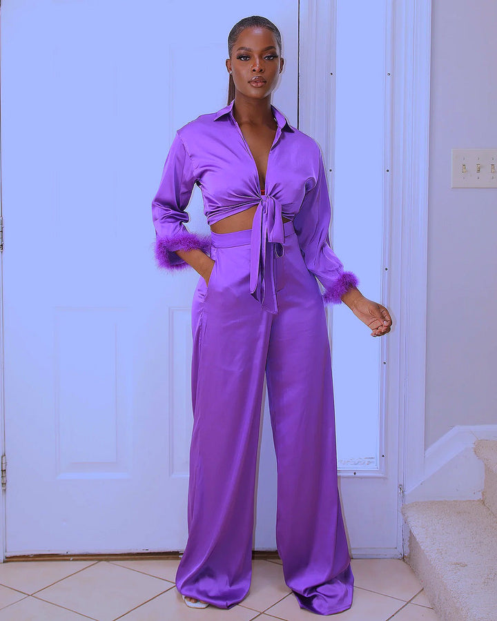 Makela Satin Pant Set || Purple