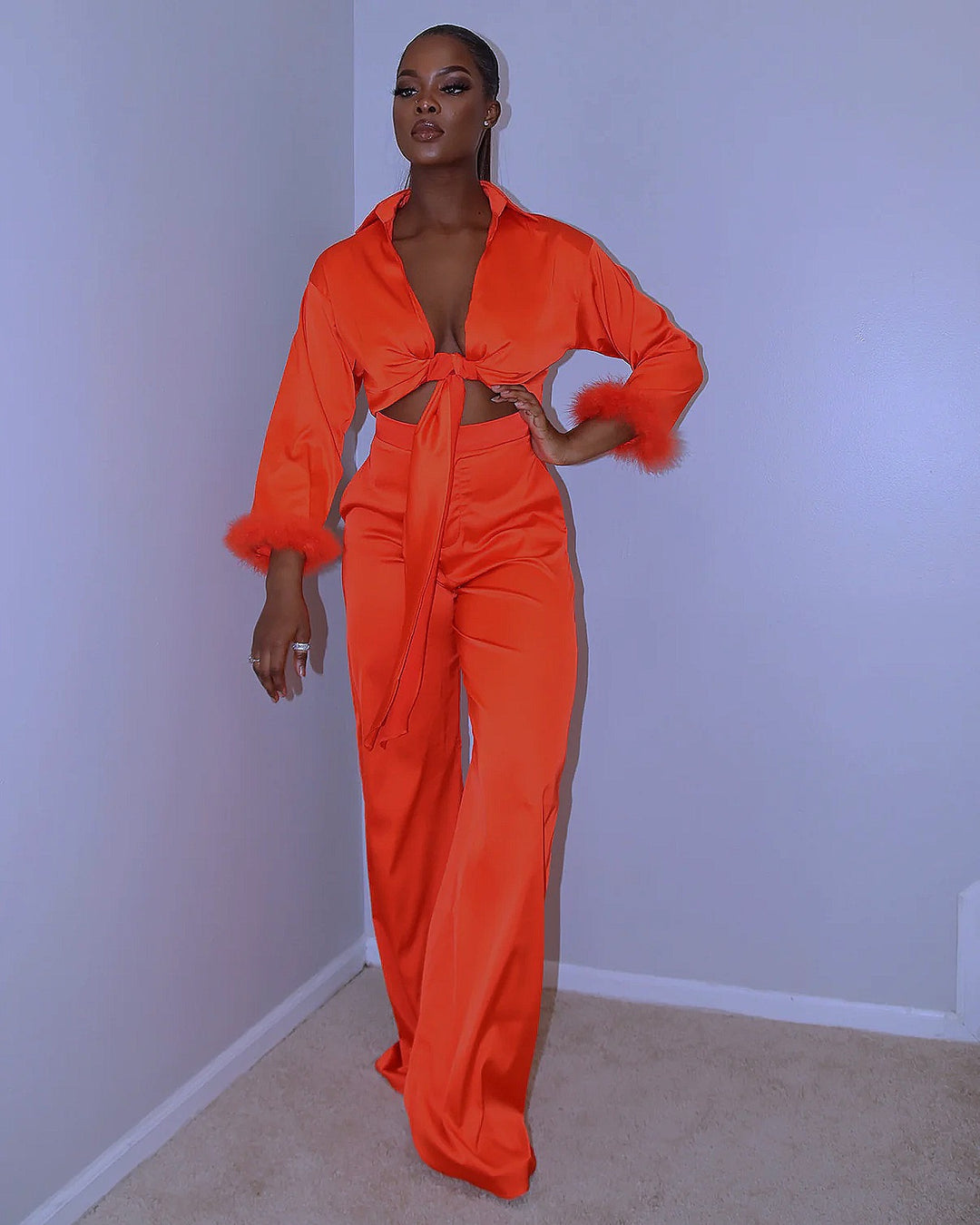 Makela Satin Pant Set || Orange