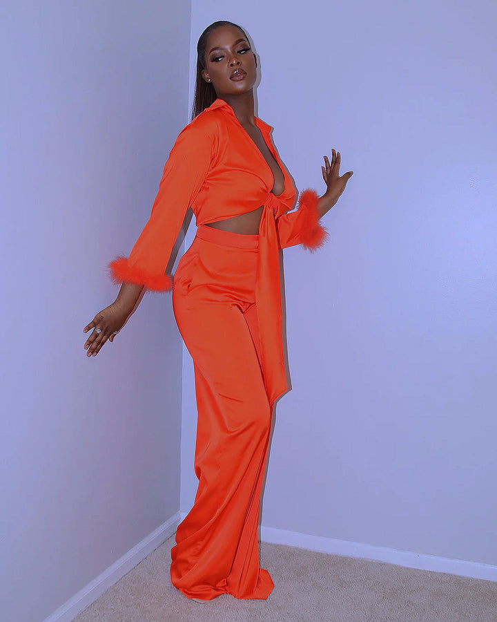 Makela Satin Pant Set || Orange