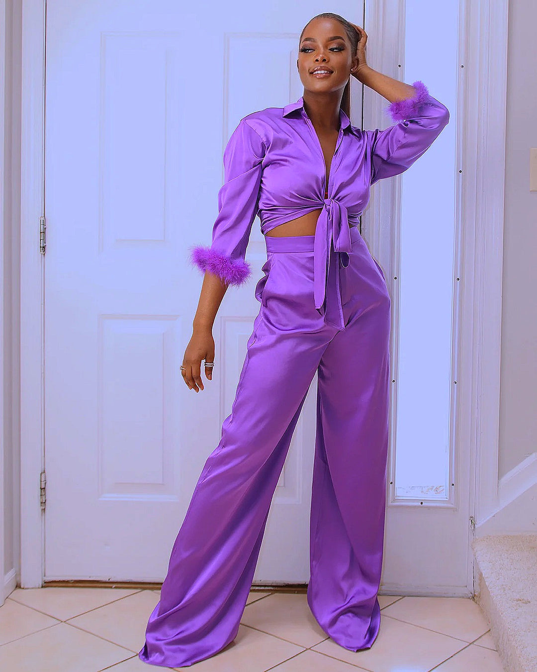 Makela Satin Pant Set || Purple