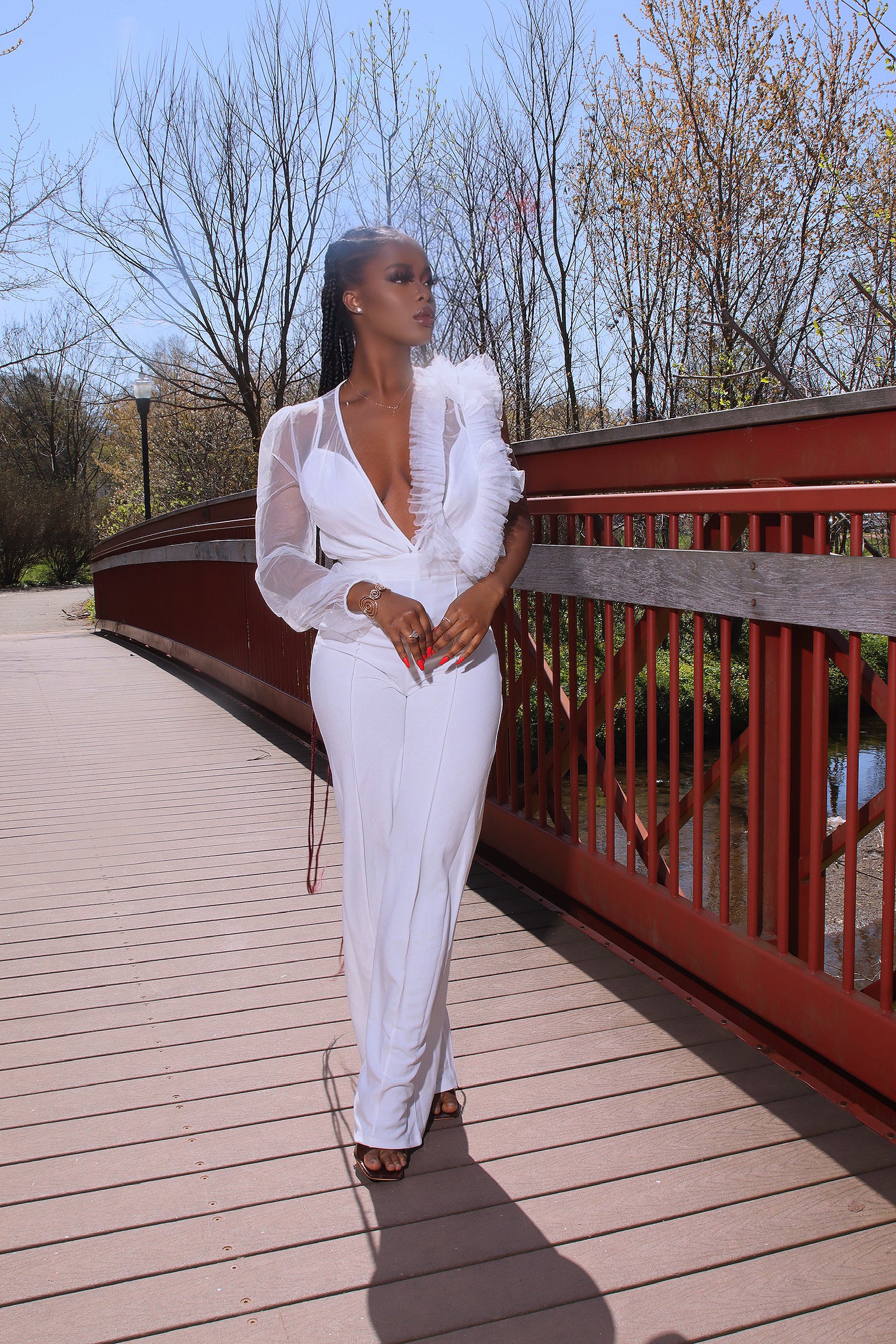 White jumpsuit sales ruffle