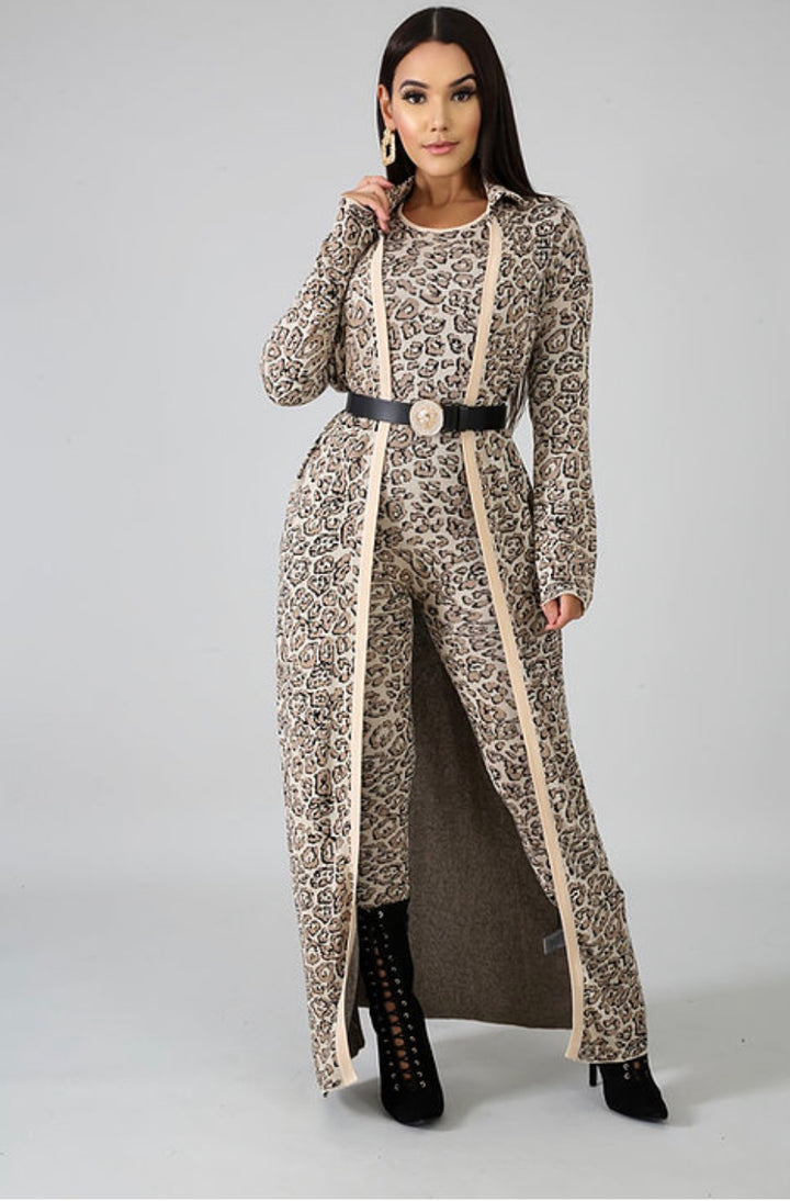 Leopard Jumpsuit Cardigan Set - Rehabcouture