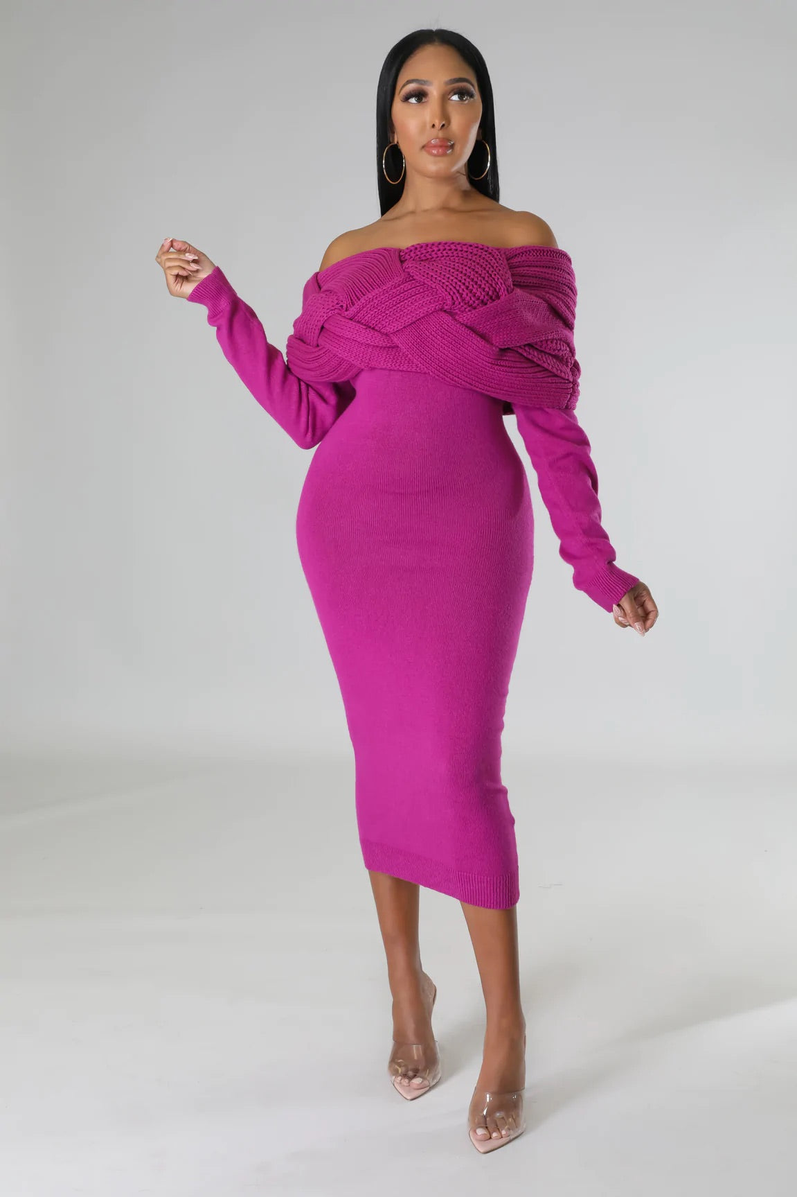 magenta knit dress Magenta Ribbed Sweater Dress large