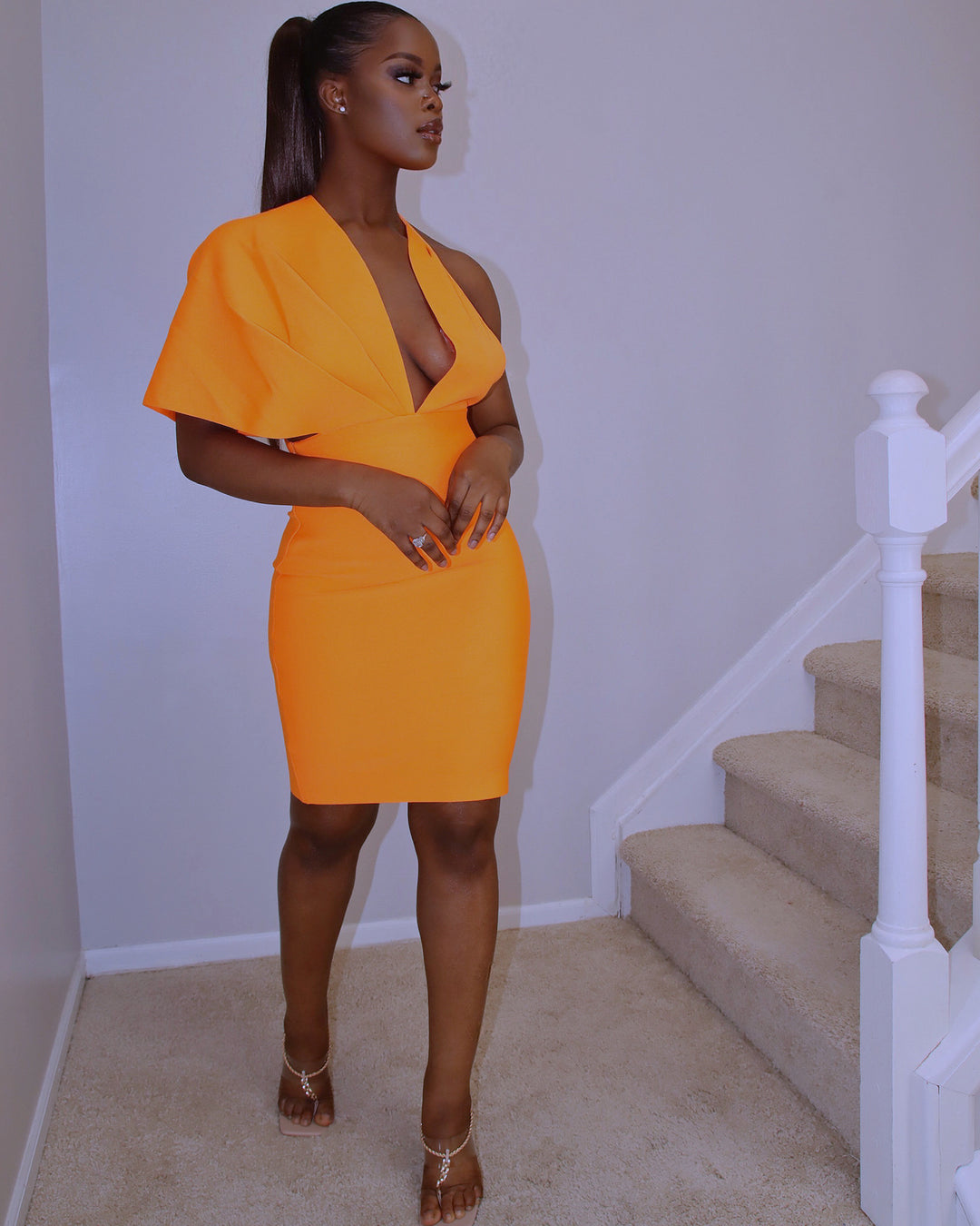 JuJu Plunge Neck Dress || Orange - Rehabcouture