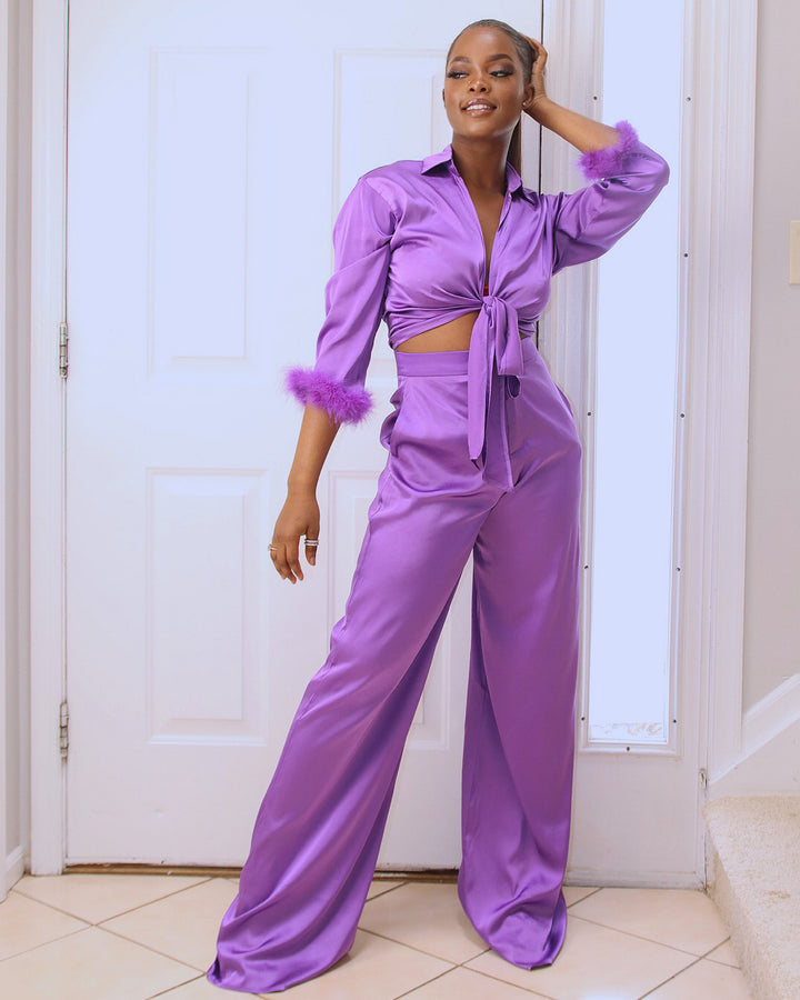 Makela Satin Pant Set || Purple - Rehabcouture