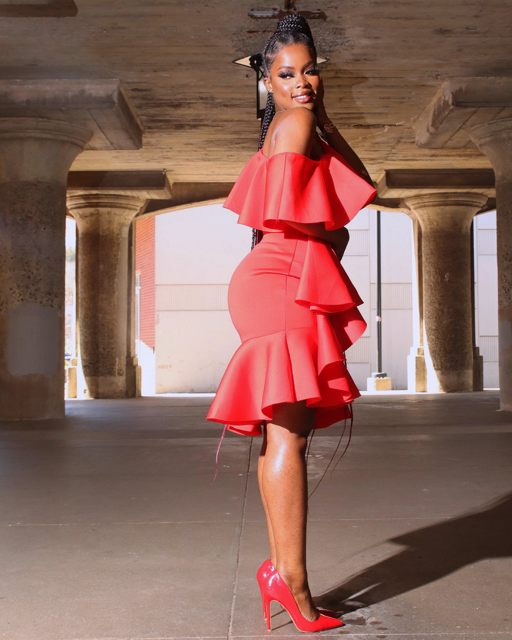 red ruffle dress with sleeves Red Dress | Red Cotton Ruffle Button Front Midi Dress