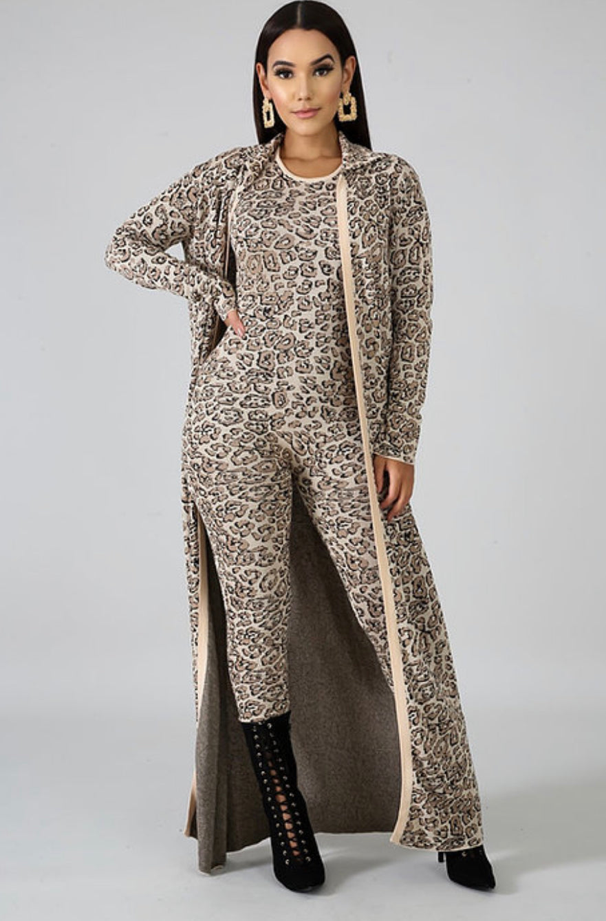 Leopard Jumpsuit Cardigan Set - Rehabcouture