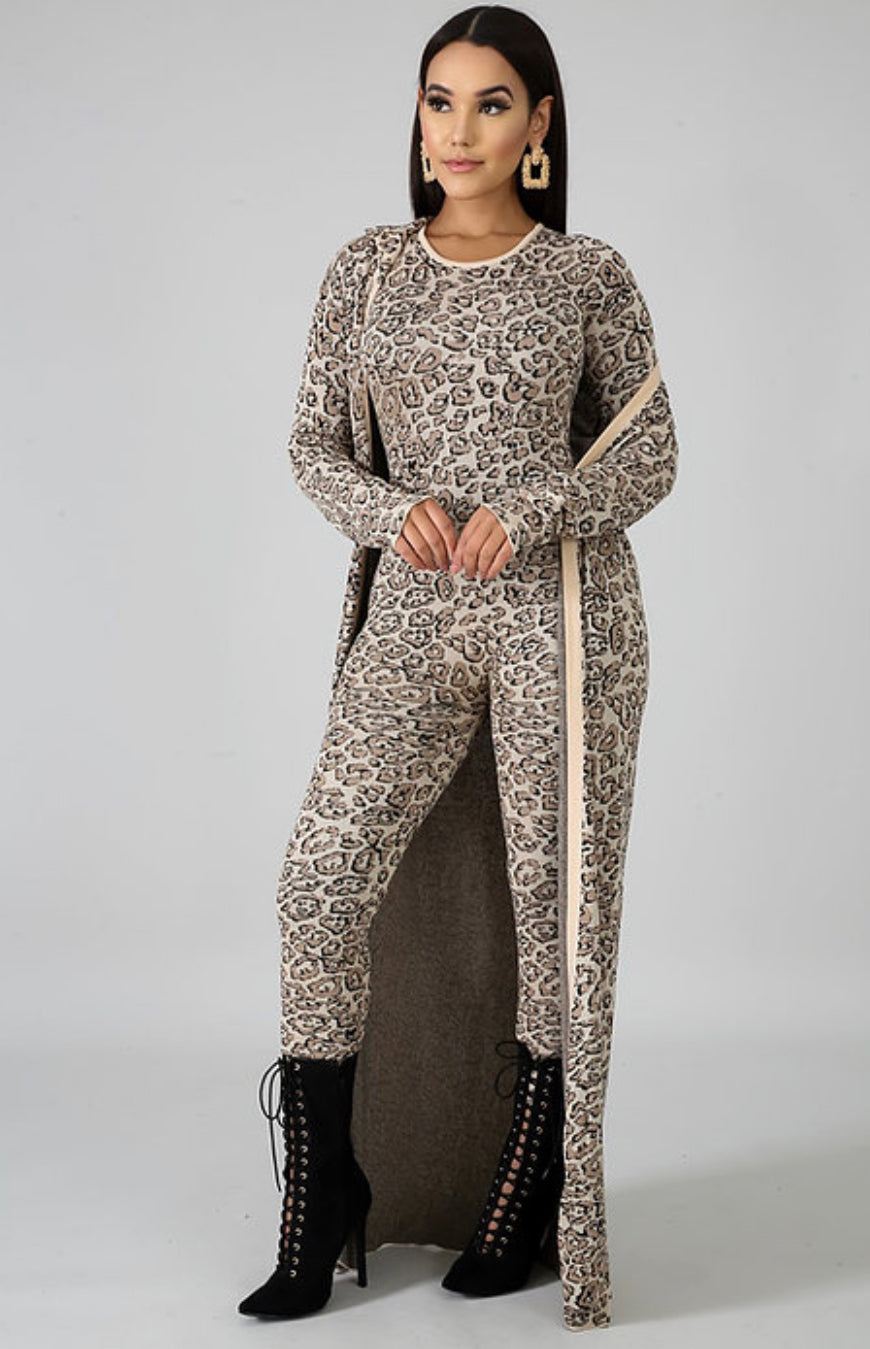 Leopard Jumpsuit Cardigan Set - Rehabcouture
