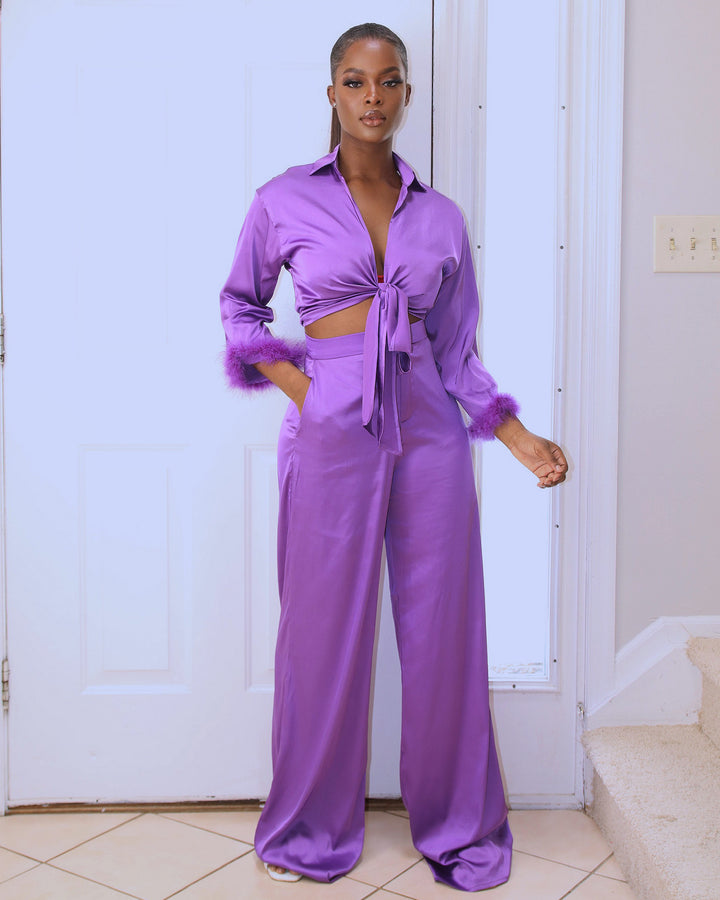Makela Satin Pant Set || Purple - Rehabcouture