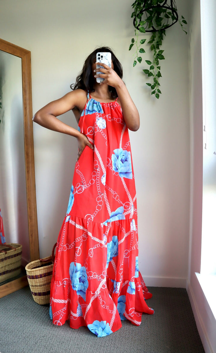 Santorini Vibes Maxi Print Dress || Red - Rehabcouture